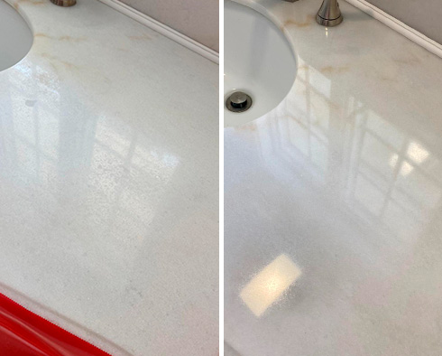 Vanity Top Before and After a Stone Polishing in Matthews, NC